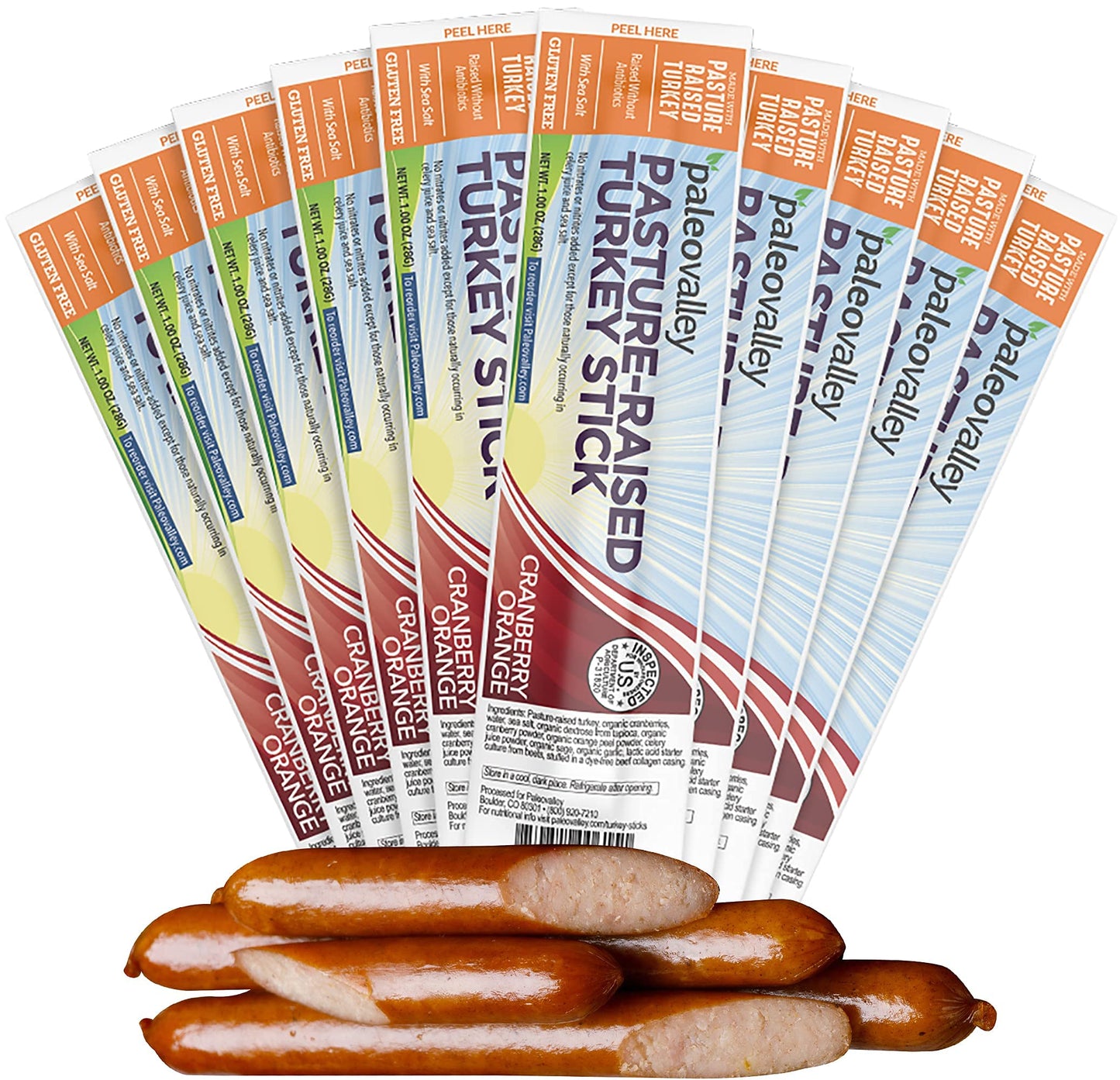 Paleovalley Turkey Sticks - Delicious Paleo Keto Snacks With Probiotics, 6g Protein - 10 Jerky Sticks - Cranberry Orange - No Gluten, Soy, or GMOs - Shelf Stable - Pasture-Raised, Made in the USA