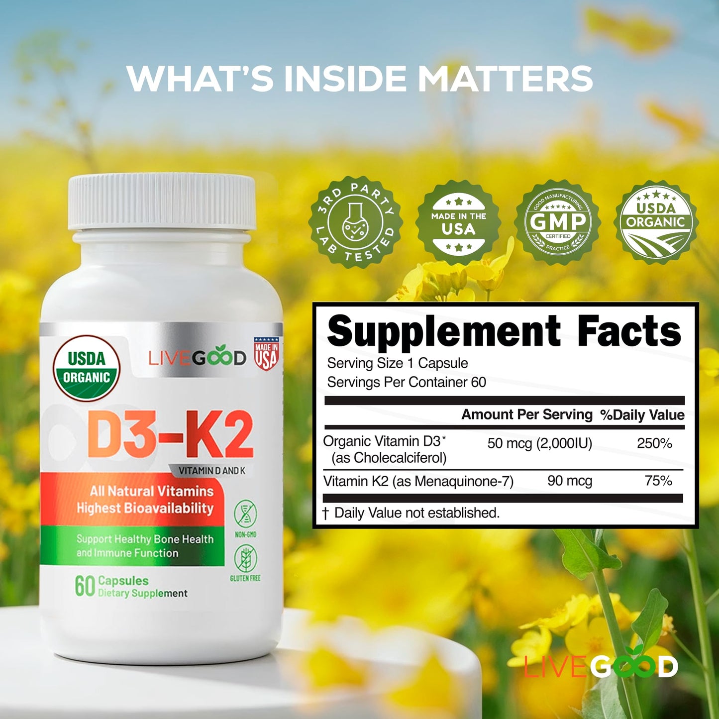 LIVEGOOD Organic D3 K2 Supplement 2000 IU, Vegan Capsules with MK-7, Pure Vitamin D3 with K2 for Immune, and Bone Support Made in the USA Organic D3 K2 Formula (60 Count)