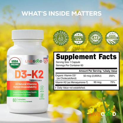 LIVEGOOD Organic D3 K2 Supplement 2000 IU, Vegan Capsules with MK-7, Pure Vitamin D3 with K2 for Immune, and Bone Support Made in the USA Organic D3 K2 Formula (60 Count)