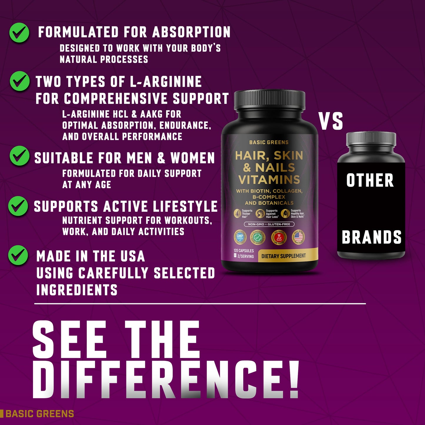 Hair, Skin & Nails Vitamins with Biotin 10000 mcg, Collagen, B-Complex & Botanicals – Supports Healthy Hair, Glowing Skin & Strong Nails – Non-GMO, Gluten-Free – Made in USA – 120 Capsules