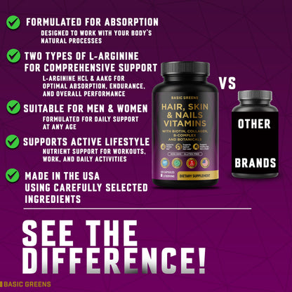 Hair, Skin & Nails Vitamins with Biotin 10000 mcg, Collagen, B-Complex & Botanicals – Supports Healthy Hair, Glowing Skin & Strong Nails – Non-GMO, Gluten-Free – Made in USA – 120 Capsules