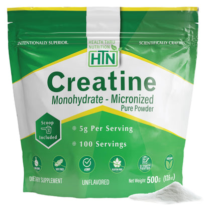 Health Thru Nutrition Creatine Monohydrate Micronized Powder – 500g Pure Unflavored – 5g Per Scoop – Workout Support, Muscle Fuel and Recovery Bulk Supplement | Non-GMO, Vegan