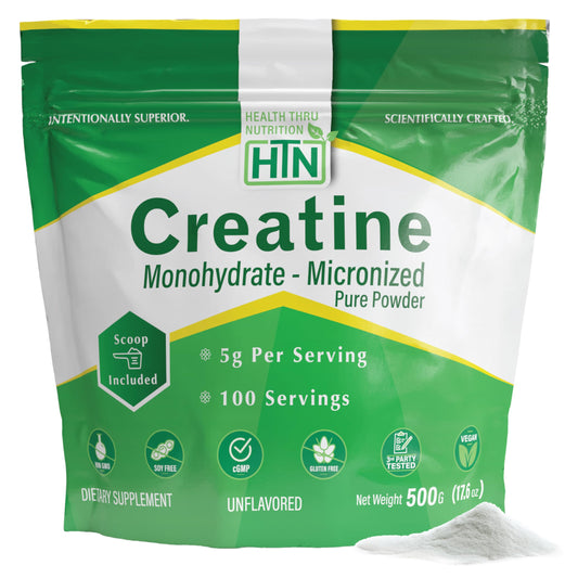 Health Thru Nutrition Creatine Monohydrate Micronized Powder – 500g Pure Unflavored – 5g Per Scoop – Workout Support, Muscle Fuel and Recovery Bulk Supplement | Non-GMO, Vegan