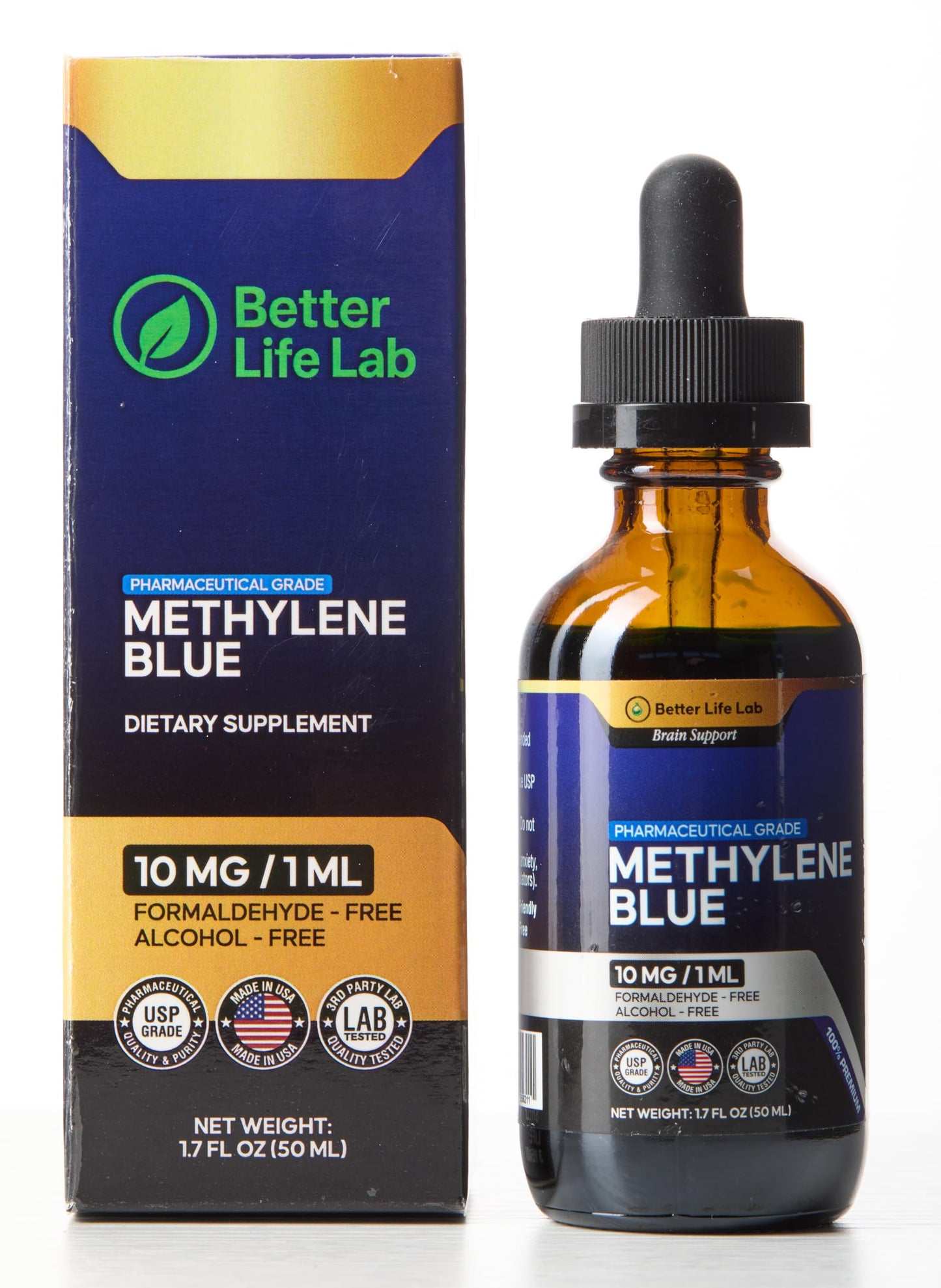BETTER LIFE LAB Methylene Blue Pharmaceutical Grade 99.99% with Dropper, USP Grade Quality Drops, No Formaldehyde, Made in USA (1% 50ml Bottle)