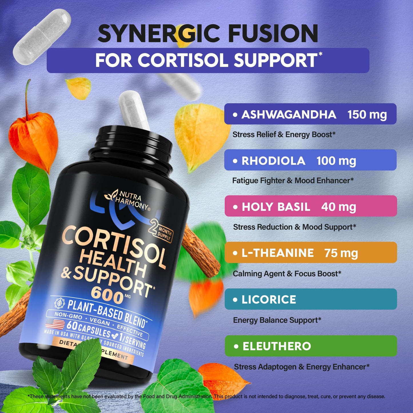 Cortisol Supplement for Women - Holy Basil | Ashwagandha | Rhodiola | L-Theanine - Plant-Based Hormone Balance - Mood, Focus & Sleep Support - Made in USA - Vegan, Non-GMO - 60 Capsules for 2 Months