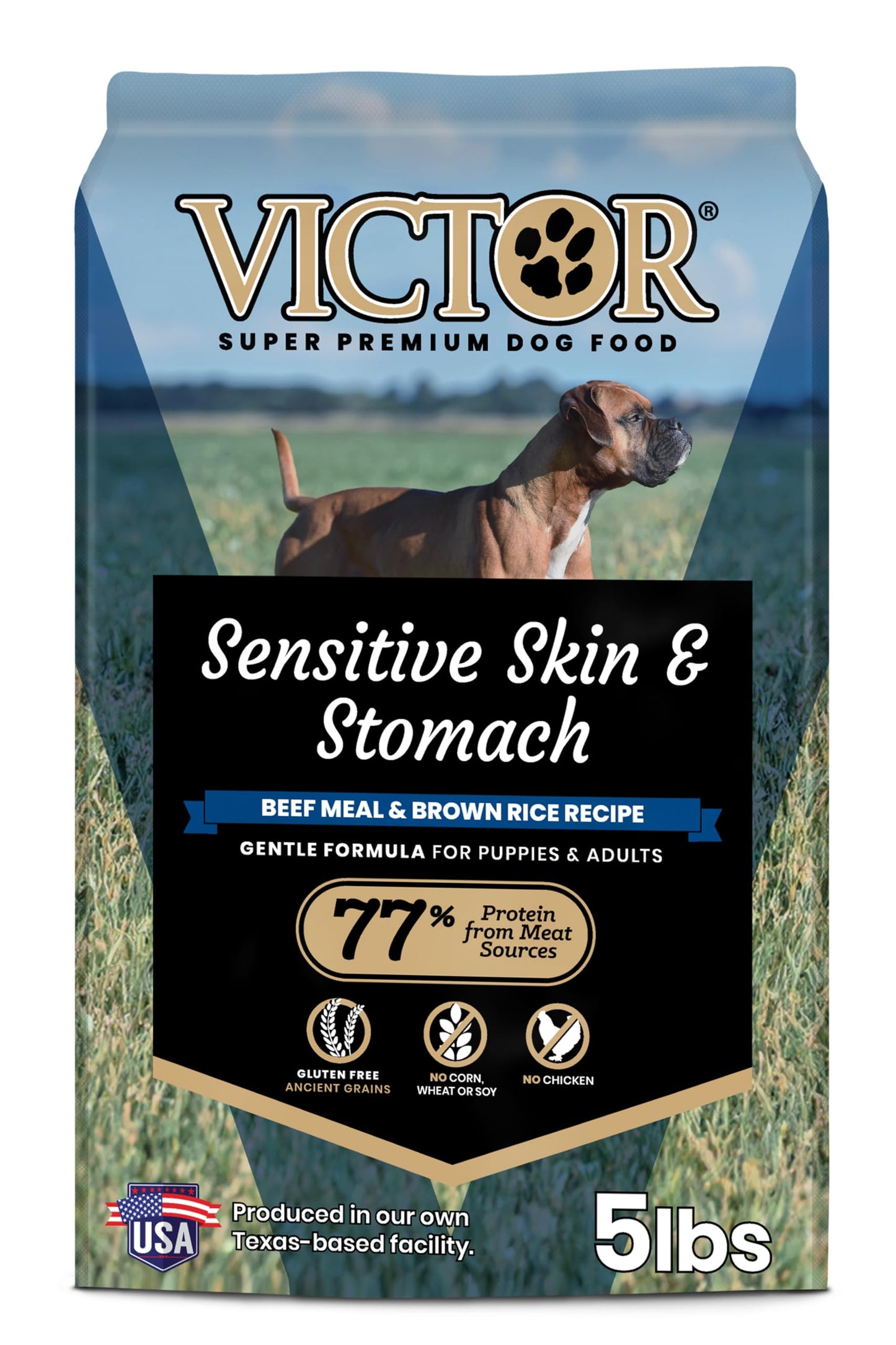 VICTOR Super Premium Dog Food — Sensitive Skin and Stomach — Beef Meal & Brown Rice Recipe Dry Kibble — Gluten Free, No Chicken, Ideal for Dogs with Allergies — Adult and Puppy Food, 5 lb