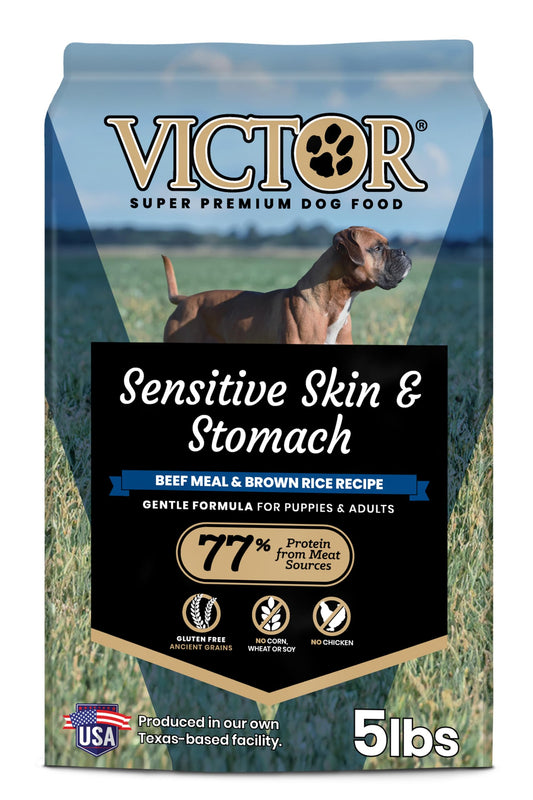 VICTOR Super Premium Dog Food — Sensitive Skin and Stomach — Beef Meal & Brown Rice Recipe Dry Kibble — Gluten Free, No Chicken, Ideal for Dogs with Allergies — Adult and Puppy Food, 5 lb