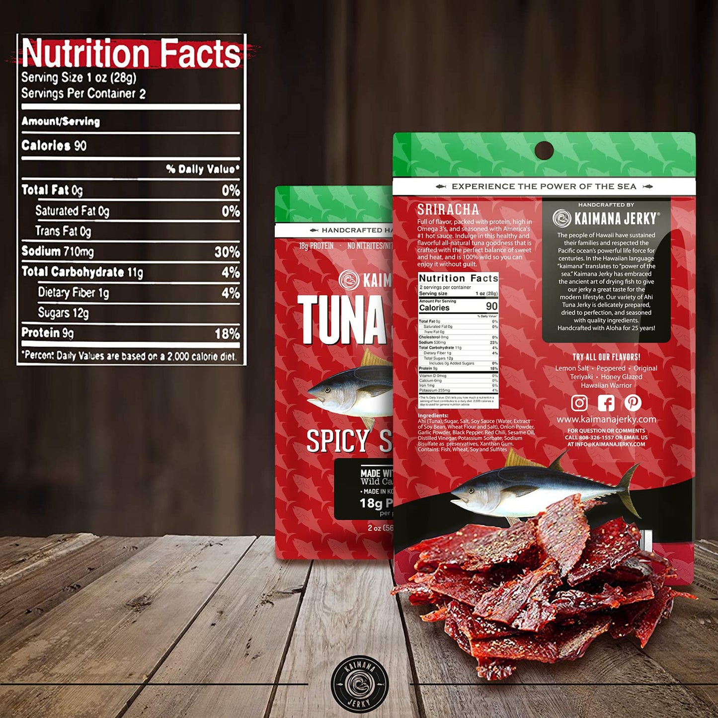 Kaimana Ahi Tuna Jerky Sriracha 2 Ounce - Paleo Style - Premium Fish Jerky Made in the USA. High in Omega 3's, All Natural and Wild Caught (2 Ounce (Pack of 1), (Sriracha)