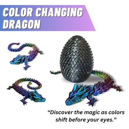 Amerimaker 20" Articulated 3 Dimensional Printed Dragon – Color-Changing Fidget Figurine, Flexible Desktop Toy, Mythical Dragon Figure, Made in USA, 3D Printed Toys (Rainbow with Black Egg)