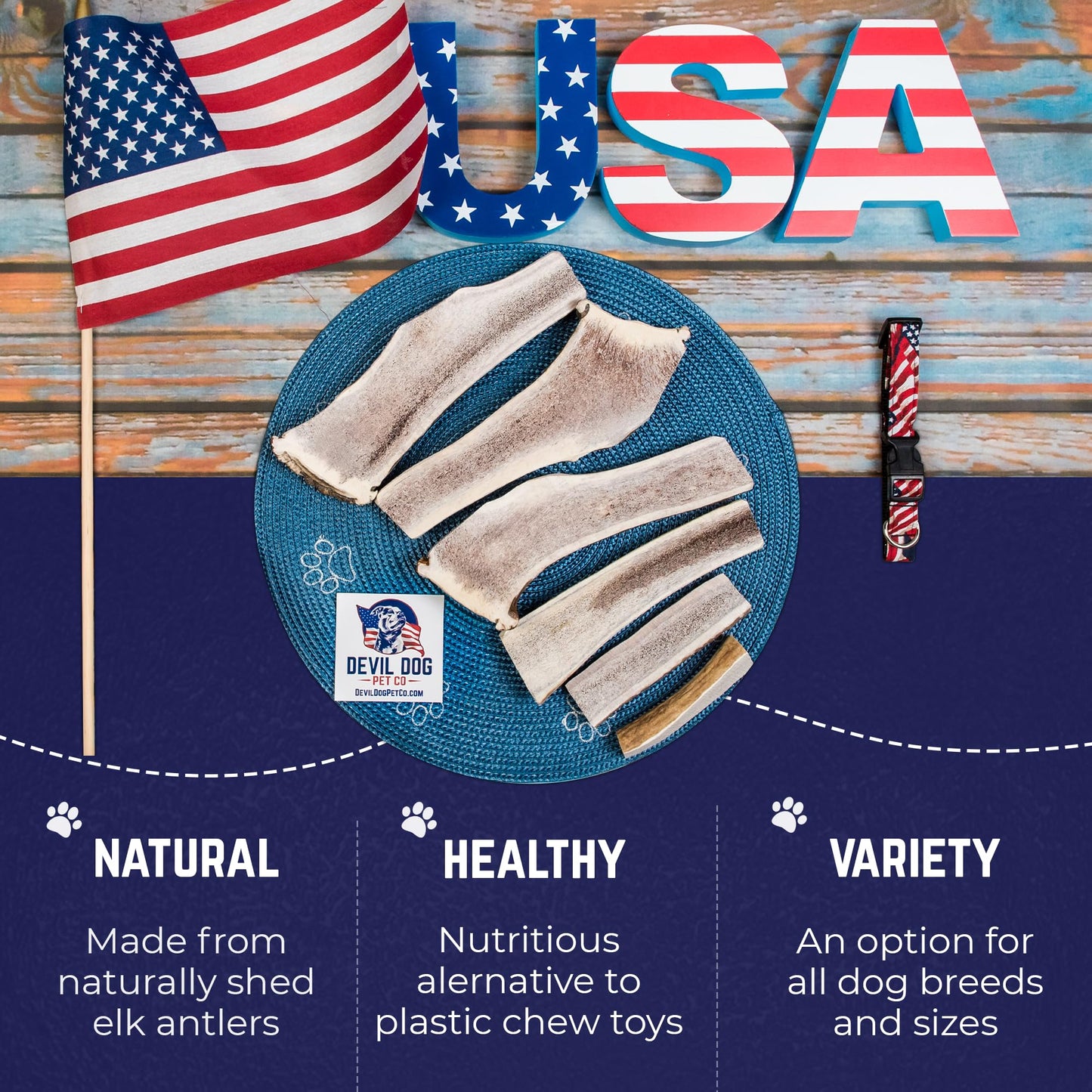 Devil Dog Pet Co. Split Elk Antlers for Dogs, Medium 5"+, 1 Pack, Grade A Long Lasting Chew for Aggressive Chewers, Premium USA Naturally Shed Antler – Healthy, No Odor, Durable Dog Chew