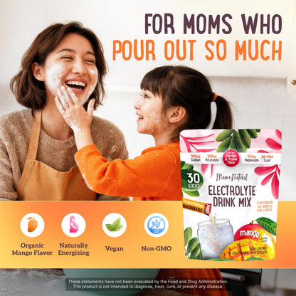 Mama Natural Electrolytes Powder Packets – Instant Hydration with natural Sea Salt, Potassium & Magnesium Glycinate – Sugar Free, Organic Mango Flavor – 30 Travel Sticks for Postpartum & Pregnancy
