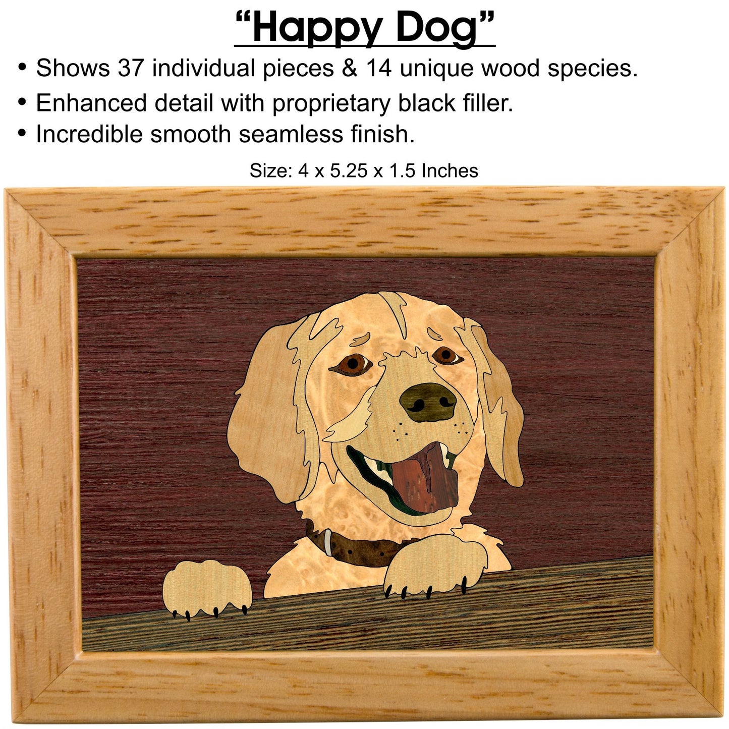 MarqArt Wood Art Dog Box - Handmade in USA - Unmatched Quality - Unique, No Two are the Same - Original Work of Wood Art (#4146 Happy Dog 4x5x1.5)