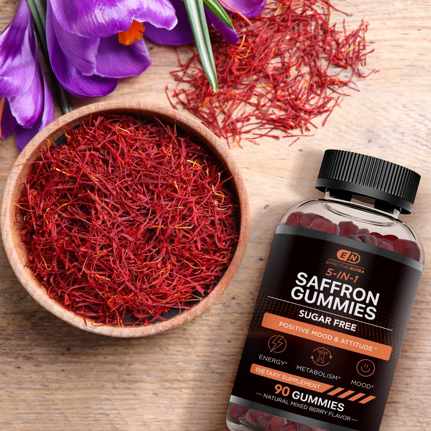 EFFECTIVE NUTRA Saffron Gummies | Sugar-Free Supplement with Vitamin D2, Passion Flower, St. John’s Wort & GABA | Positive Mood, Digestion, Energy | Natural Berry Flavor, Made in USA (90 Count)