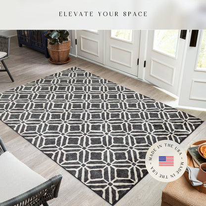 Maples Rugs Moderna Geometric Area Rugs – Made in USA – Low Pile, Non Slip Pet–Friendly Mat for Bedroom, Office, Living & Dining Room, 5' x 7', Dark Blue