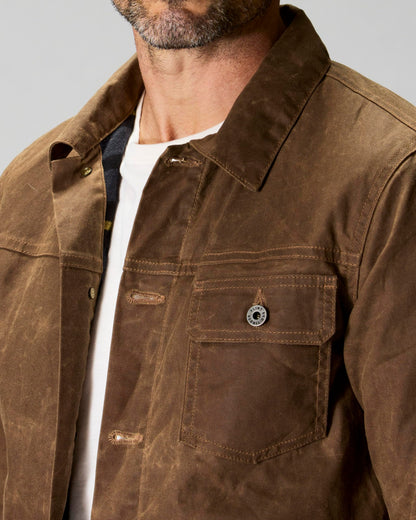 Huckberry Flint and Tinder Men's Flannel-Lined Waxed Trucker Jacket, Water & Weather Resistant Mens Jacket, Havana