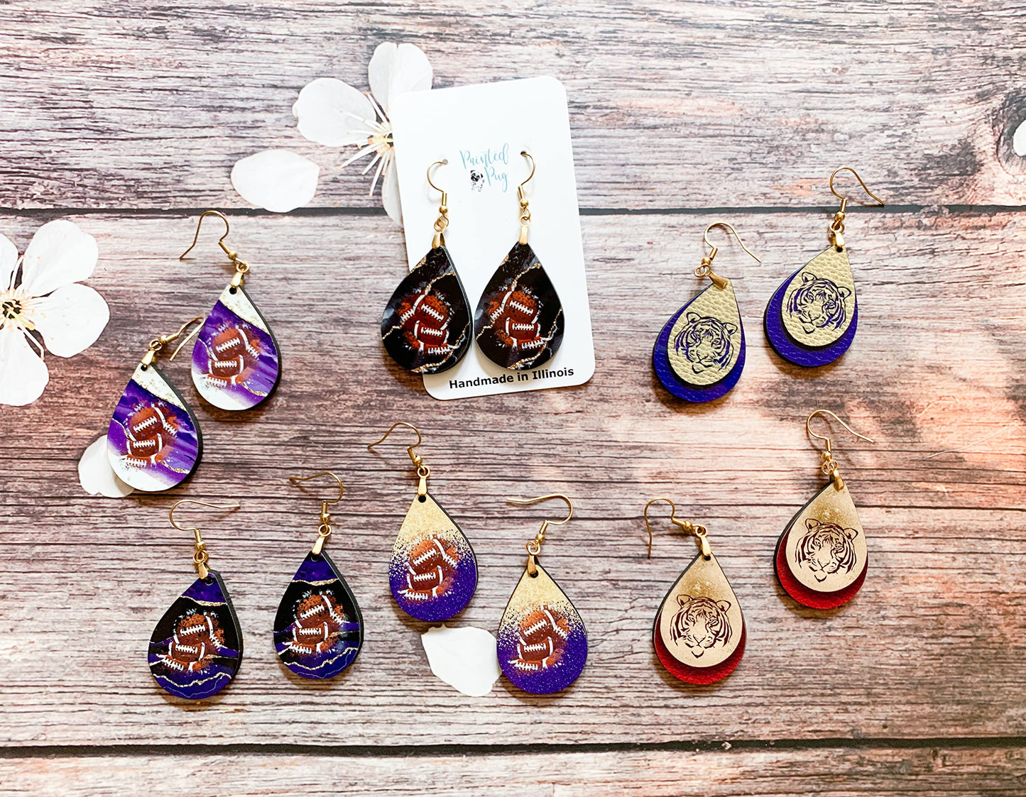 Purple Football Earrings for Women with Gold Gameday School Team Spirit Fan Jewelry Gift Handmade by The Painted Pug (Purple Gold Faux Glitter)