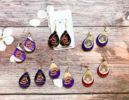 Purple Football Earrings for Women with Gold Gameday School Team Spirit Fan Jewelry Gift Handmade by The Painted Pug (Purple Gold Faux Glitter)