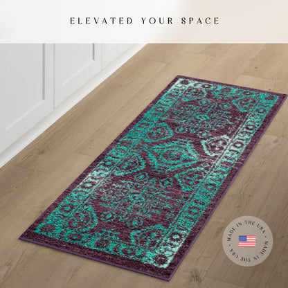 Maples Rugs Georgina Traditional Runner Rug – Made in USA – Washable, Non Slip Indoor Carpet for Hallway, Kitchen, and Laundry Room, 1'8 x 5', Wineberry/Teal
