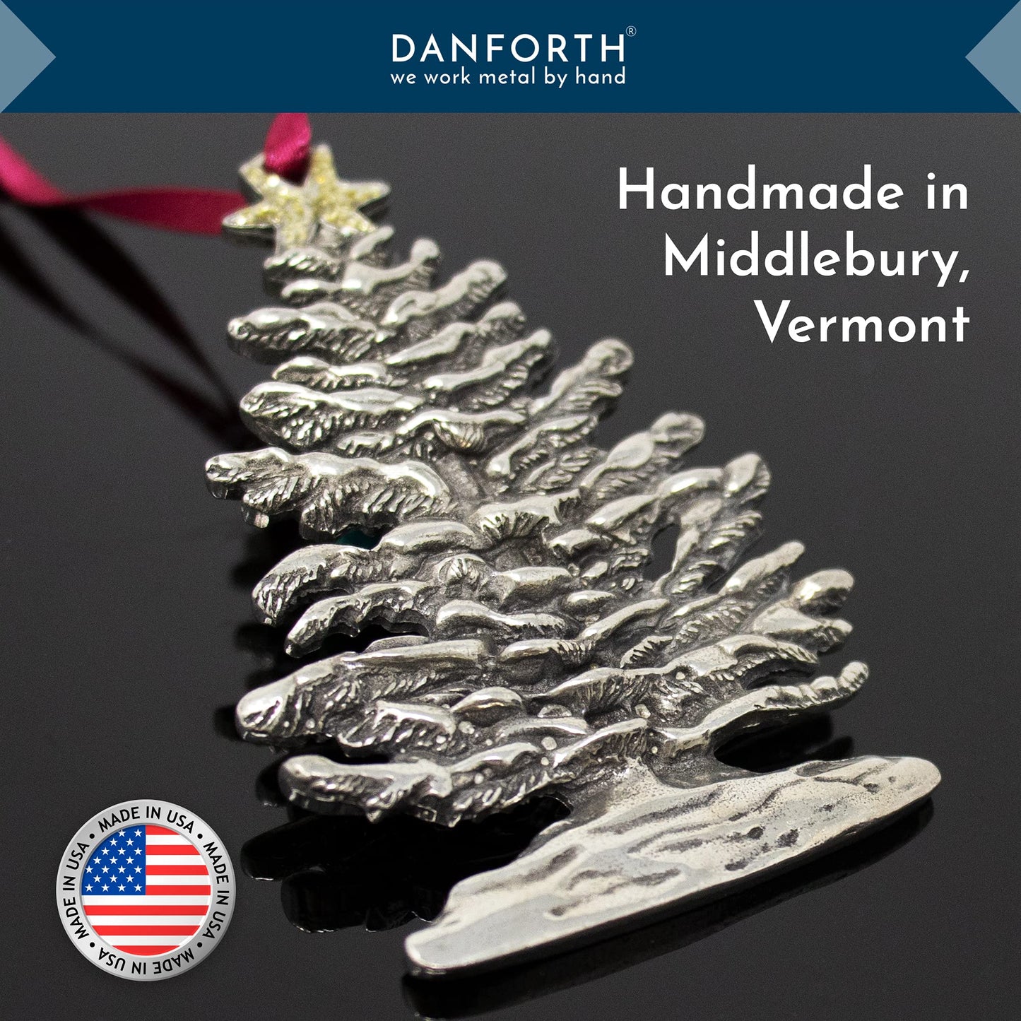 Danforth Snowy Christmas Tree Ornament (Gold Star) – Handcrafted Pewter Christmas Ornament – Satin Ribbon, 2 5/8” by 1 11/16”, Made in USA