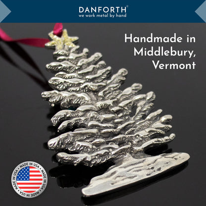 Danforth Snowy Christmas Tree Ornament (Gold Star) – Handcrafted Pewter Christmas Ornament – Satin Ribbon, 2 5/8” by 1 11/16”, Made in USA