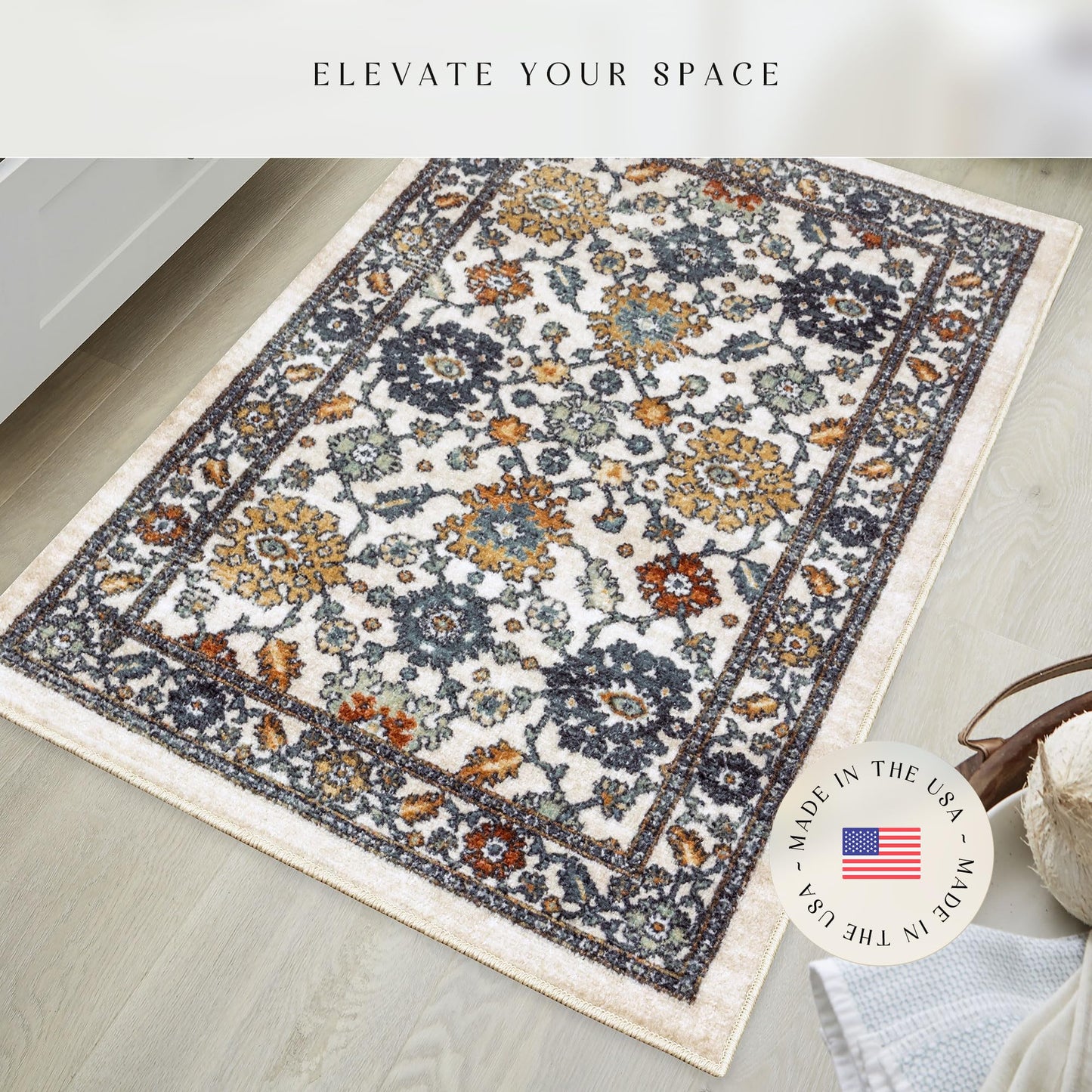 Maples Rugs Benton Oriental Area Rugs – Made in USA – Washable, Non Slip Indoor Carpet for Entryway, Foyer, Kitchen, and Bathroom, 30" x 46", Beige/Multi