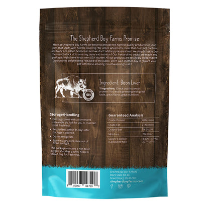 Shepherd Boy Farms Freeze Dried Dog and Cat Treats, Bison Liver, All Natural Freeze-Dried Dog Treat & Snacks, Made in USA, High in Protein, Essential Nutrition of Raw Food, 8oz