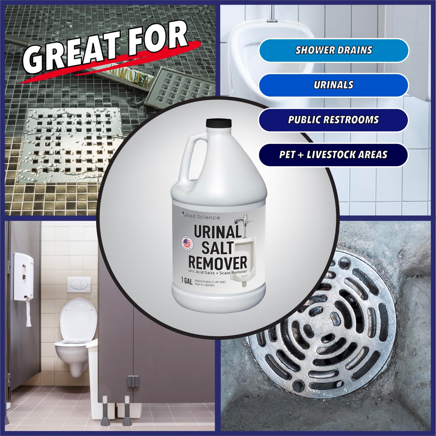 Allied Science Urinal Salt Remover - Uric Acid Salts Scale Remover Unclogs Urinals and Removes Uric Acid Odors - 1 Gallon / 128 fl oz
