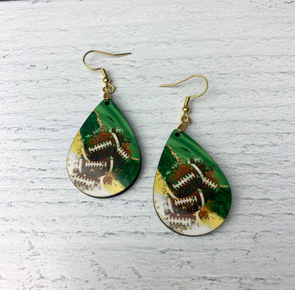 Green and Gold Football Earrings Teardrop MDF Wood Sports School Team Spirit Fan Jewelry Gift for Women Handmade by The Painted Pug (Green and Gold)