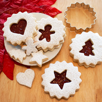Ann Clark Christmas Linzer Cookie Cutters - 5-Pc. Set Made in USA, Fluted Circle, Mini Heart, Mini Christmas Tree, Star, Gingerbread Man
