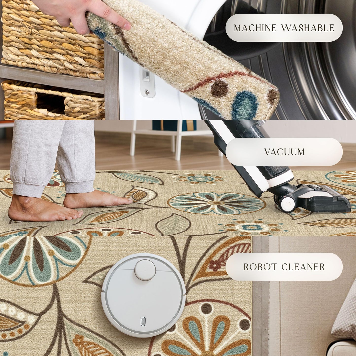 Maples Rugs Reggie Floral Runner Rug - Made in USA - Washable, Non Slip Indoor Carpet for Kitchen, Hallway, and Laundry Room, 1'8 x 5, Beige