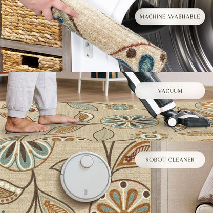 Maples Rugs Reggie Floral Runner Rug - Made in USA - Washable, Non Slip Indoor Carpet for Kitchen, Hallway, and Laundry Room, 1'8 x 5, Beige