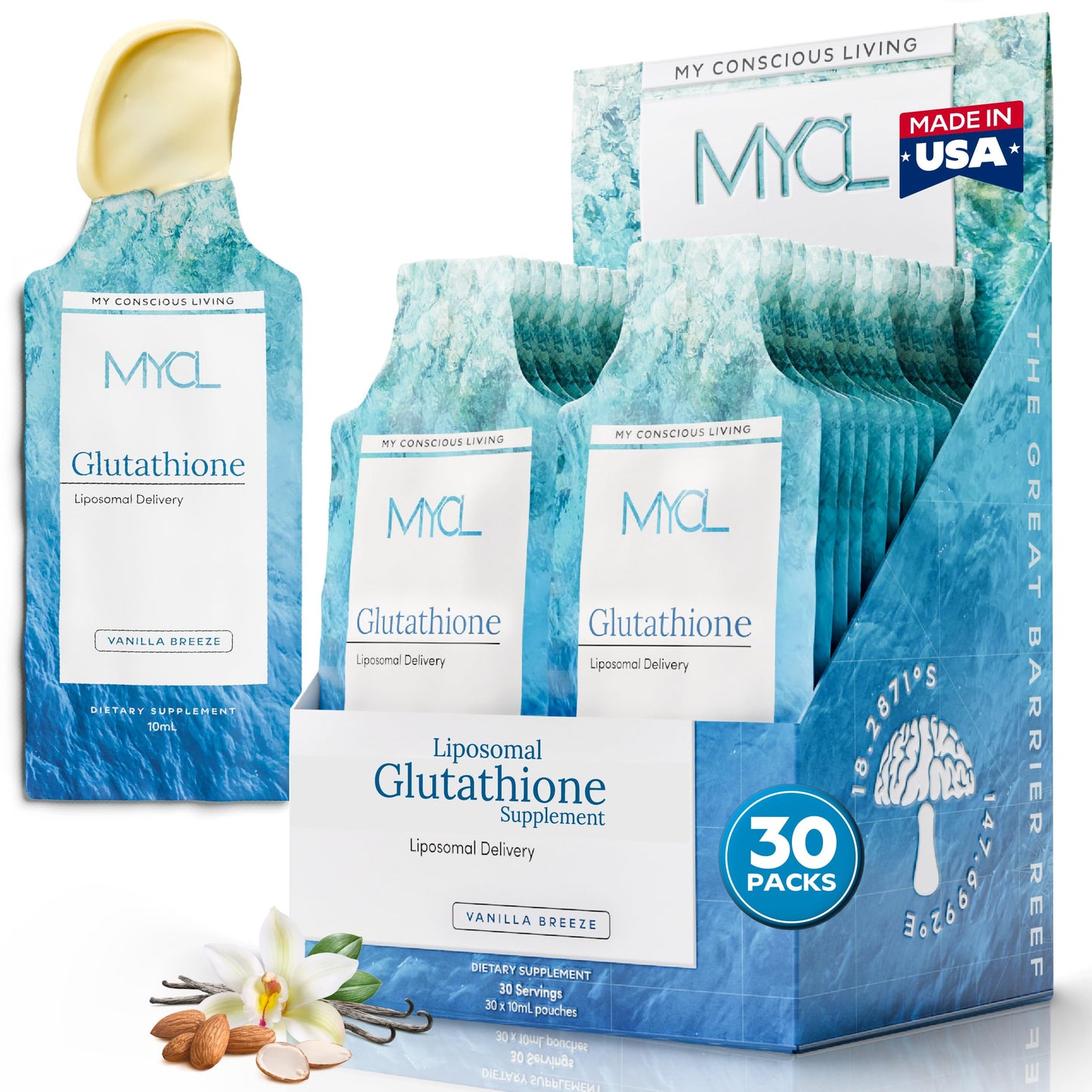 Liposomal Glutathione Supplement Squeeze Packs – Vitamin E and MCT Oil – Skin, Hair and Nail Health– High Absorption - Vanilla Almond – 30 Single-Serve Packets