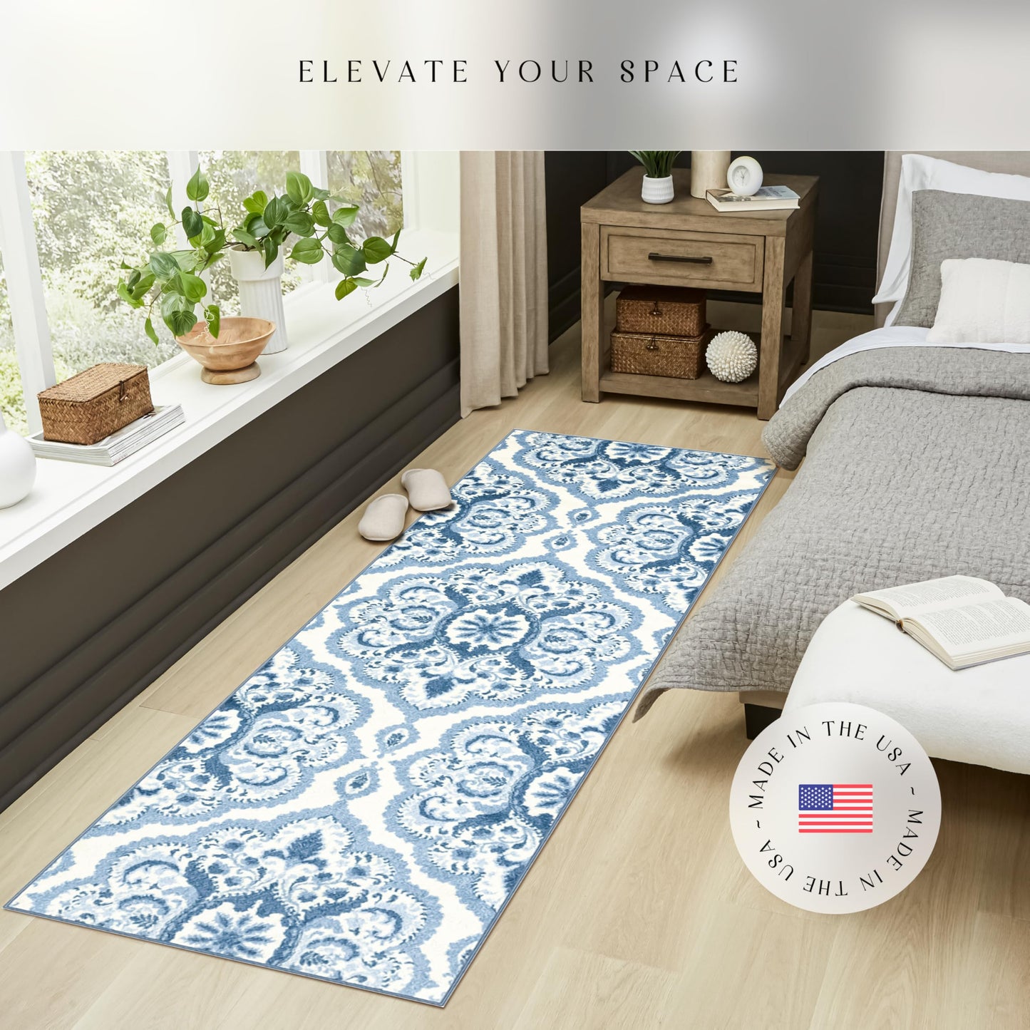 Maples Rugs Vivian Medallion Runner Rug - Made in USA - Washable, Non Slip, Indoor Carpet for Hallway, Kitchen, and Laundry Room, 2'6 x 8', Blue/White