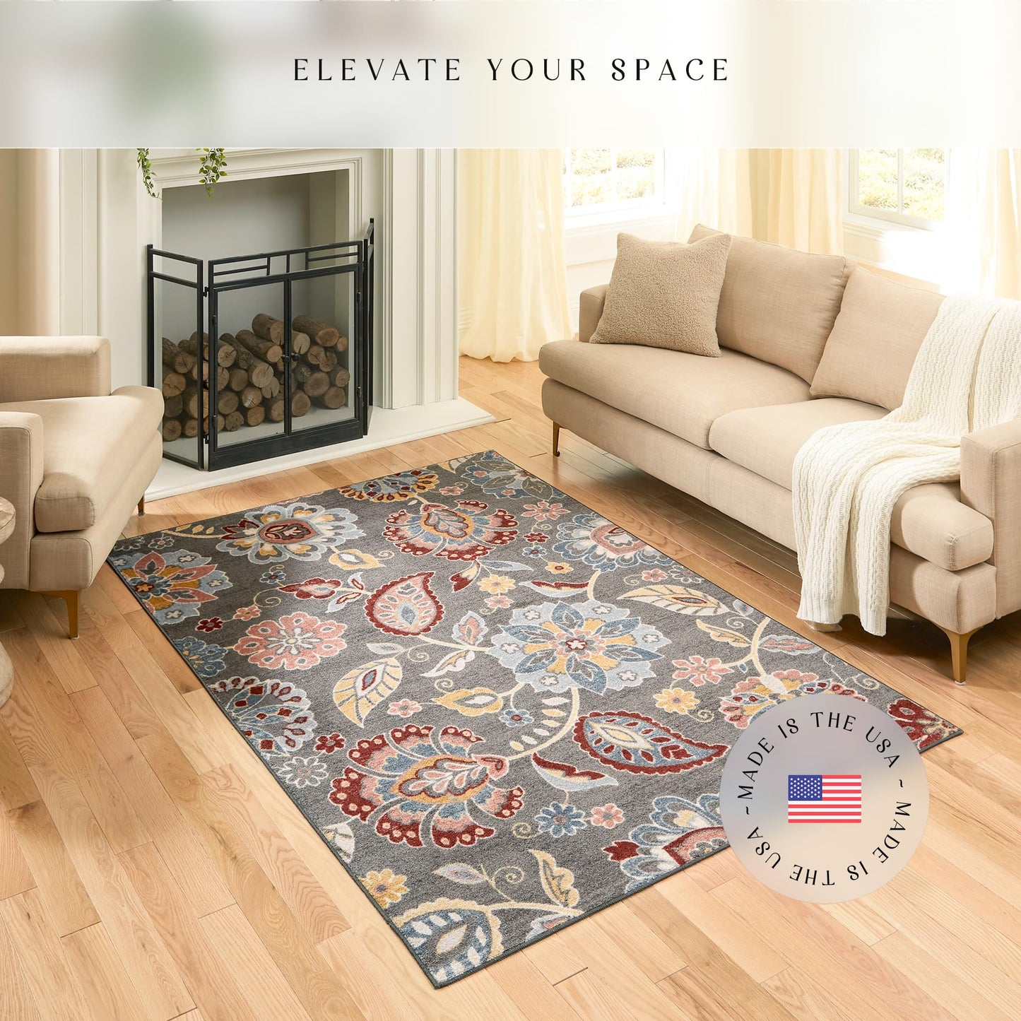 Maples Rugs Gardena Floral Area Rugs – Made in USA – Low Pile, Non Slip Pet–Friendly Mat for Bedroom, Office, Living & Dining Room, 5' x 7', Gray