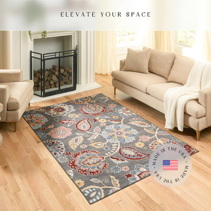 Maples Rugs Gardena Floral Area Rugs – Made in USA – Low Pile, Non Slip Pet–Friendly Mat for Bedroom, Office, Living & Dining Room, 5' x 7', Gray