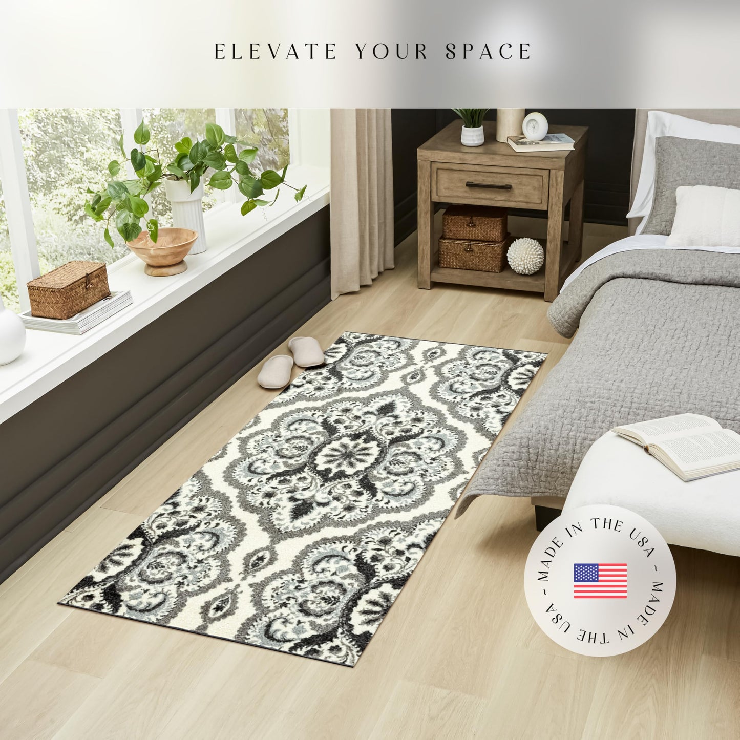 Maples Rugs Vivian Medallion Runner Rug - Made in USA - Washable, Non Slip, Indoor Carpet for Hallway, Kitchen, and Laundry Room, 2'6 x 5', Grey