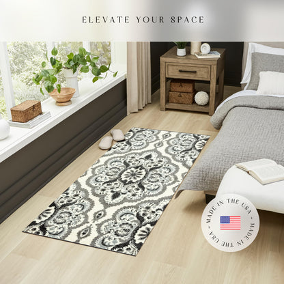 Maples Rugs Vivian Medallion Runner Rug - Made in USA - Washable, Non Slip, Indoor Carpet for Hallway, Kitchen, and Laundry Room, 2'6 x 5', Grey