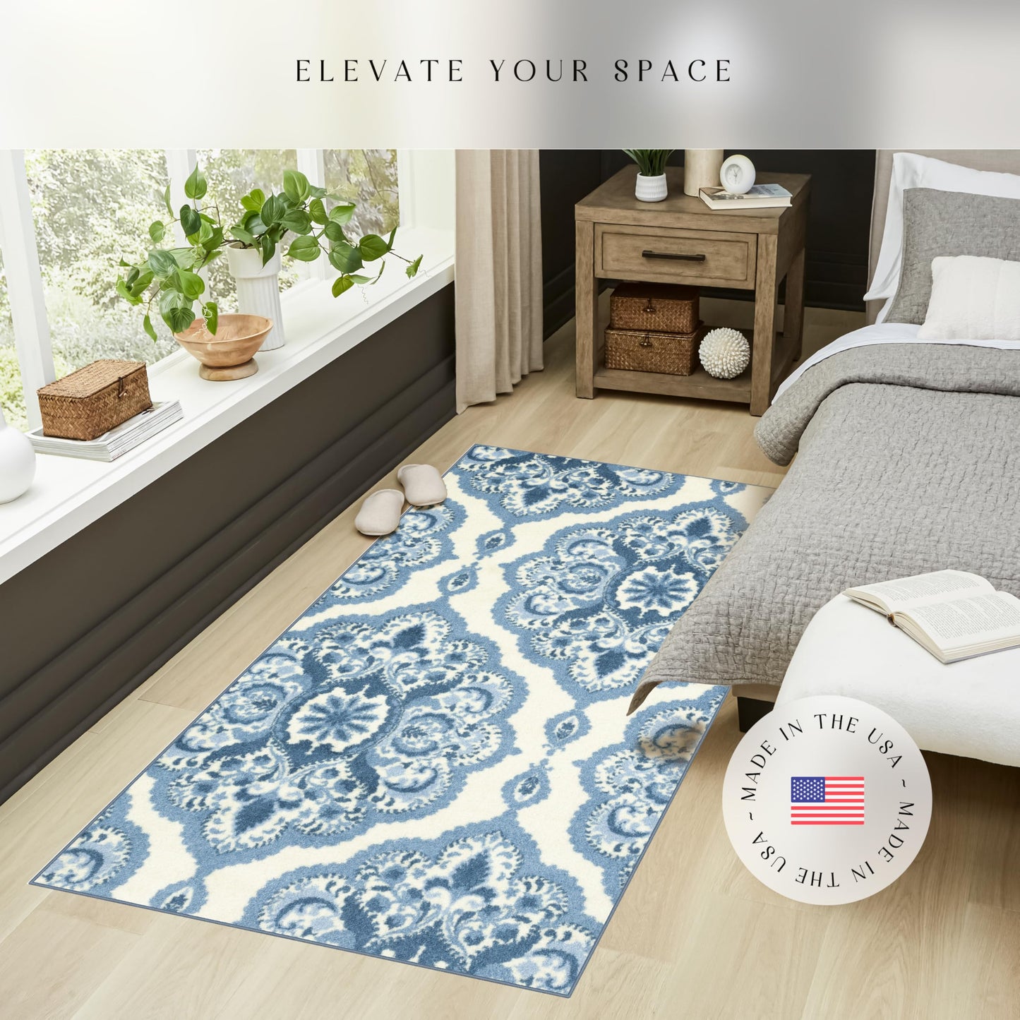 Maples Rugs Vivian Medallion Area Rugs - Made in USA - Washable, Non Slip, Pet-Friendly Mat for Bedroom, Office, and Entryway, 3'4 x 6', Blue/White