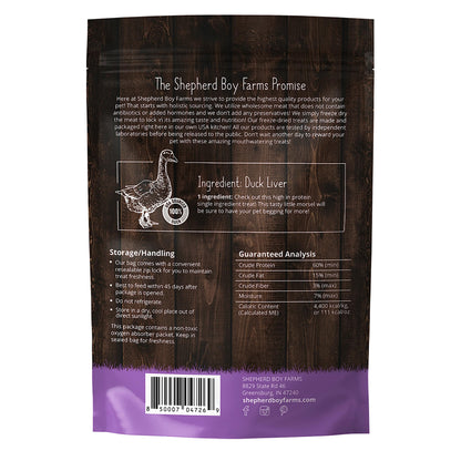 Shepherd Boy Farms Freeze Dried Dog and Cat Treats, Duck Liver, All Natural Single Ingredient Freeze-Dried Dog Treat & Snacks, Made in USA, High Protein, Essential Nutrition of Raw Food, 8oz