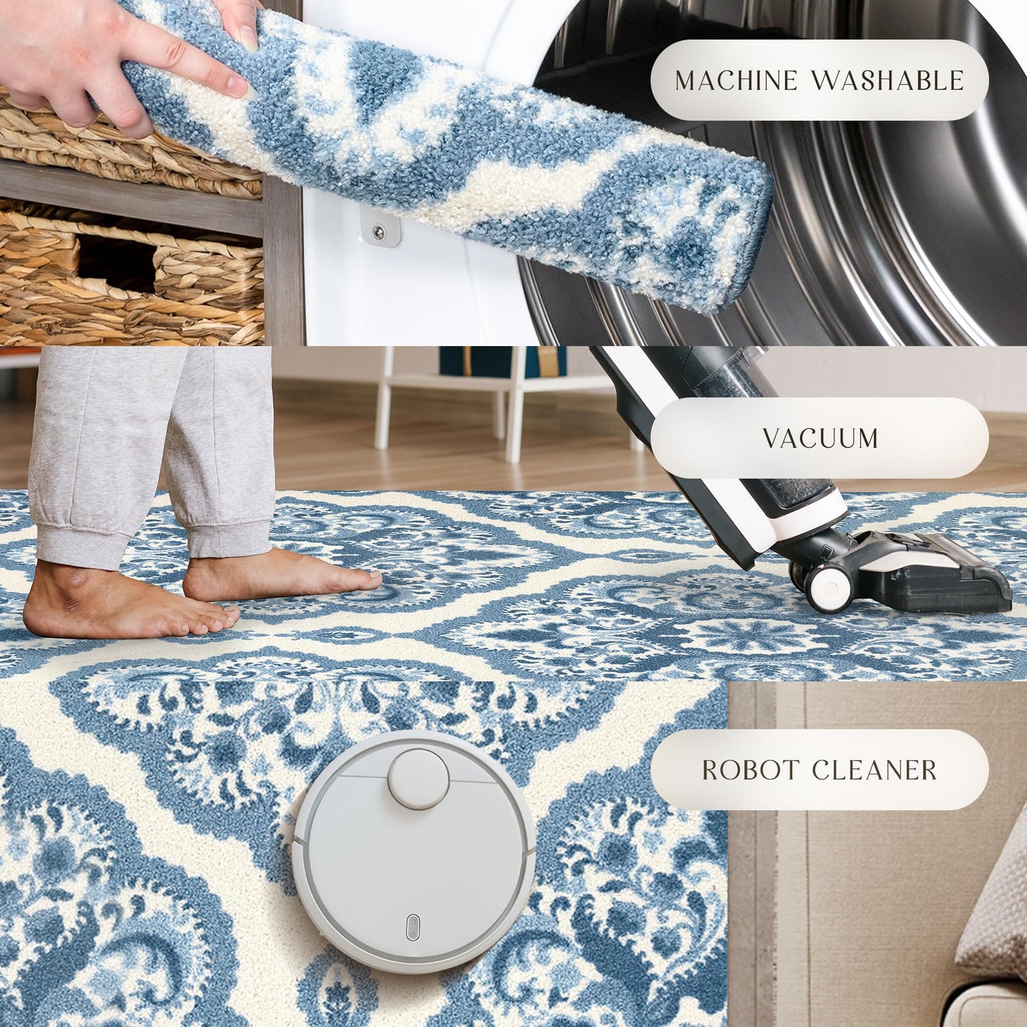 Maples Rugs Vivian Medallion Area Rugs - Made in USA - Washable, Non Slip, Pet-Friendly Mat for Bedroom, Office, and Entryway, 3'4 x 6', Blue/White
