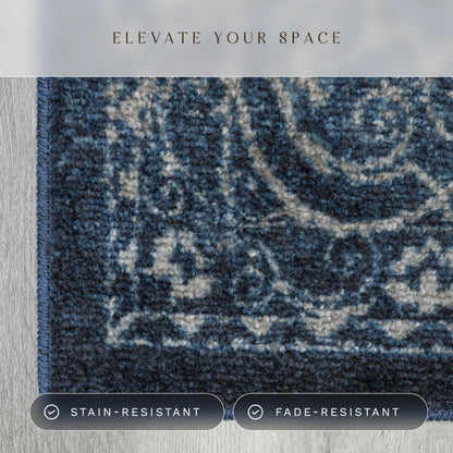 Maples Rugs Pelham Vintage Kitchen Rugs Non Skid Washable Accent Area Carpet [Made in USA], 1'8 x 2'10, Navy/Grey