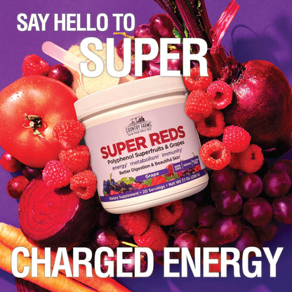 Country Farms Super Reds, Energizing Polyphenol Superfood, 40 Super Fruits and Berries, Powerful Antioxidants and Polyphenols, Supports Energy and Immunity, 20 Servings, Grape Flavor