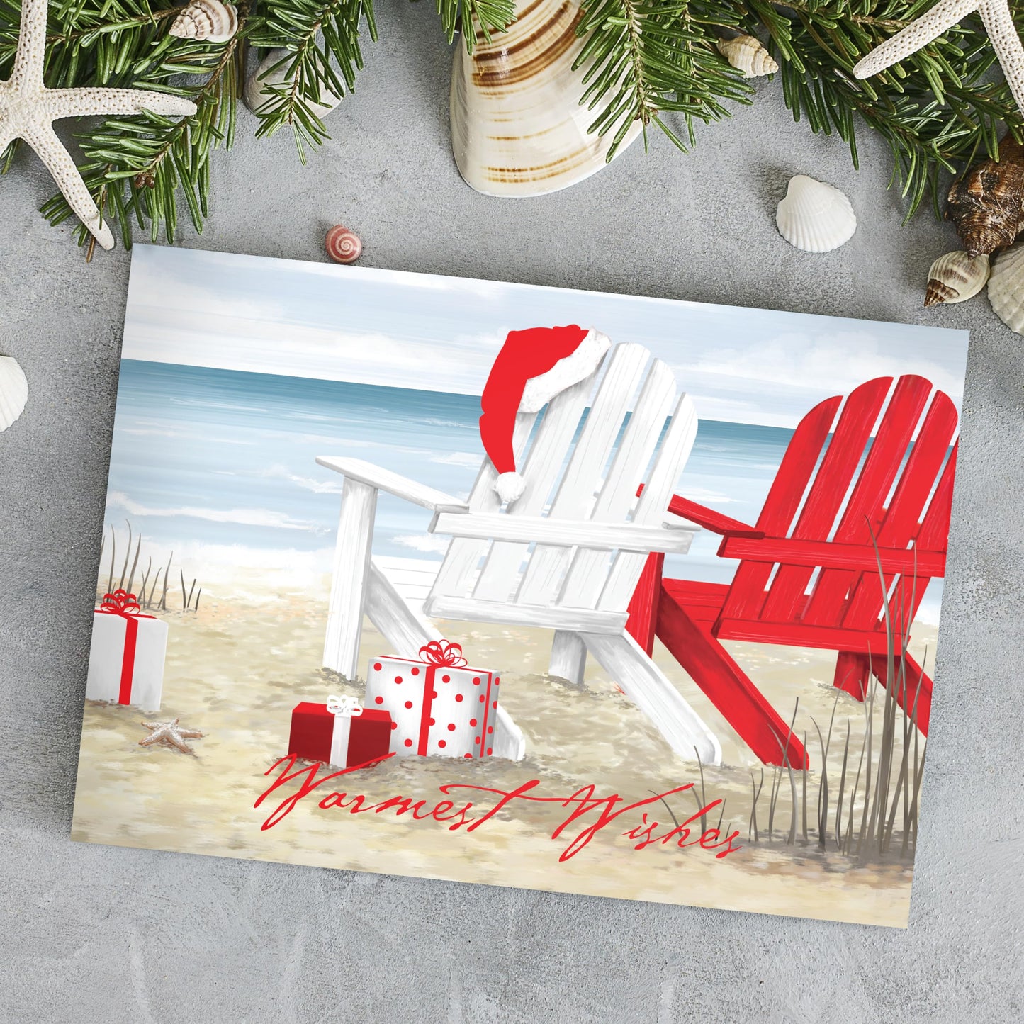 Masterpiece Beach Chairs Cards / 16 Warmest Wishes Coastal Holiday Card Set With Red Foil And White Envelopes / 5 5/8" x 7 7/8" Tropical Vacation Greeting Cards With Meaningful Inside Verse