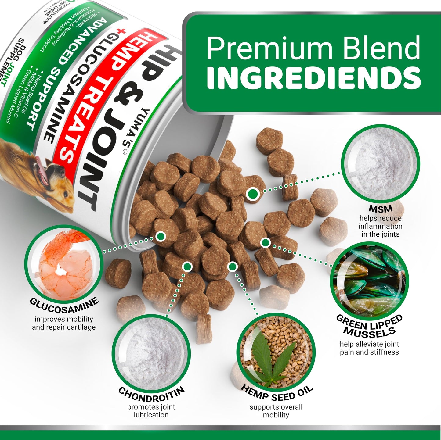 YUMA'S Hemp Hip and Joint Supplement for Dogs - Glucosamine for Dogs - Joint Pain Relief Chews - Chondroitin, MSM - Hemp Oil - Advanced Canine Health Supplement - Mobility Support Treats