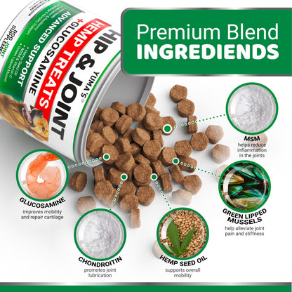 YUMA'S Hemp Hip and Joint Supplement for Dogs - Glucosamine for Dogs - Joint Pain Relief Chews - Chondroitin, MSM - Hemp Oil - Advanced Canine Health Supplement - Mobility Support Treats