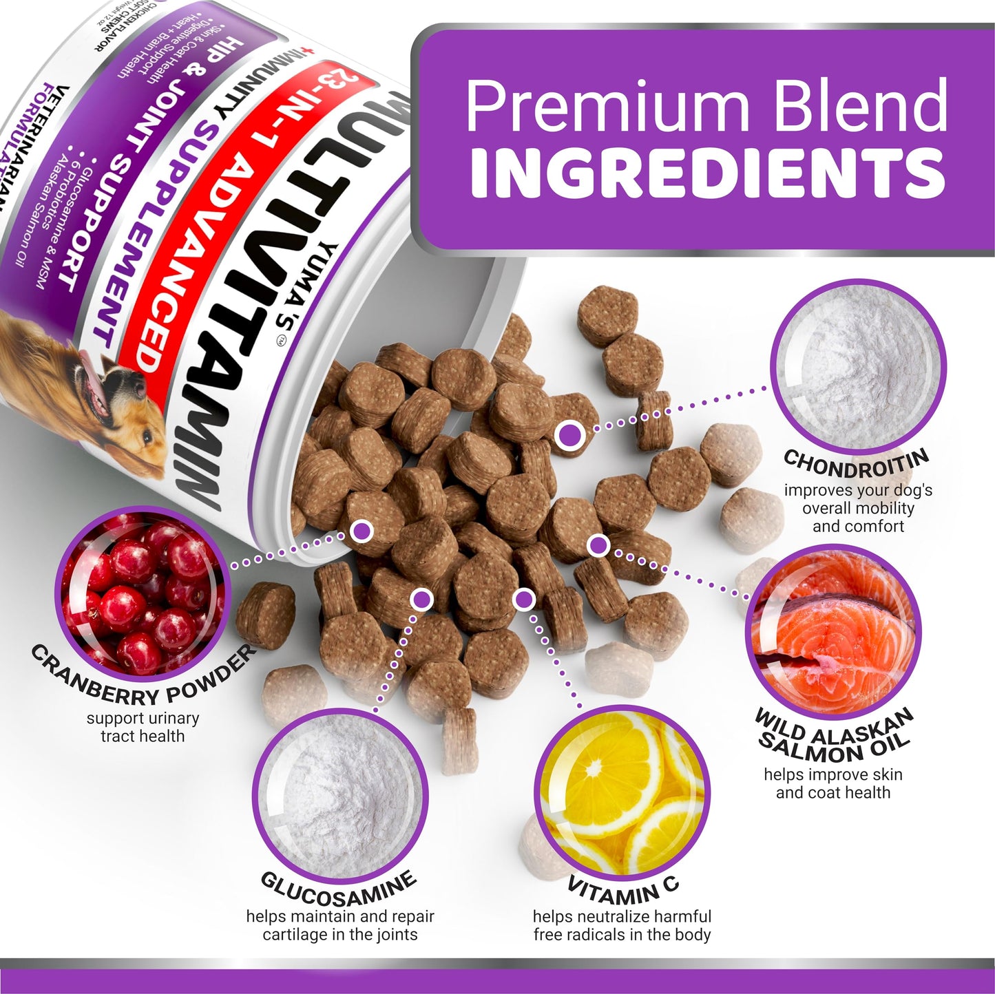 Dog Multivitamin Chewable with Glucosamine - Dog Vitamins and Supplements - Senior & Puppy Multivitamin for Dogs - Hip & Joint Support - Immune Health, Skin, Heart, Digestion, Probiotics