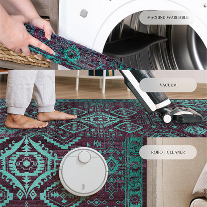 Maples Rugs Georgina Traditional Runner Rug – Made in USA – Washable, Non Slip Indoor Carpet for Hallway, Kitchen, and Laundry Room, 1'8 x 5', Wineberry/Teal