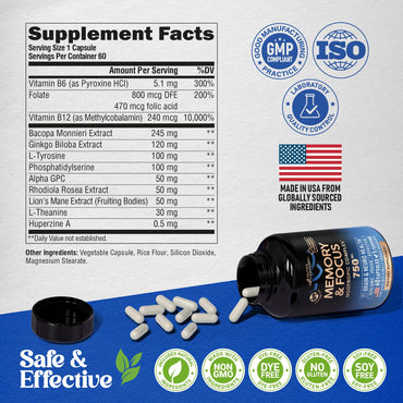 Brain Supplement for Memory & Focus 750 mg - Magnesium | L-Theanine | Bacopa Monnieri | Ginkgo Biloba | Lions Mane - 12in1 Nootropic Complex for Neuro Health - Caffeine-free - Made in USA, 60 Capsules
