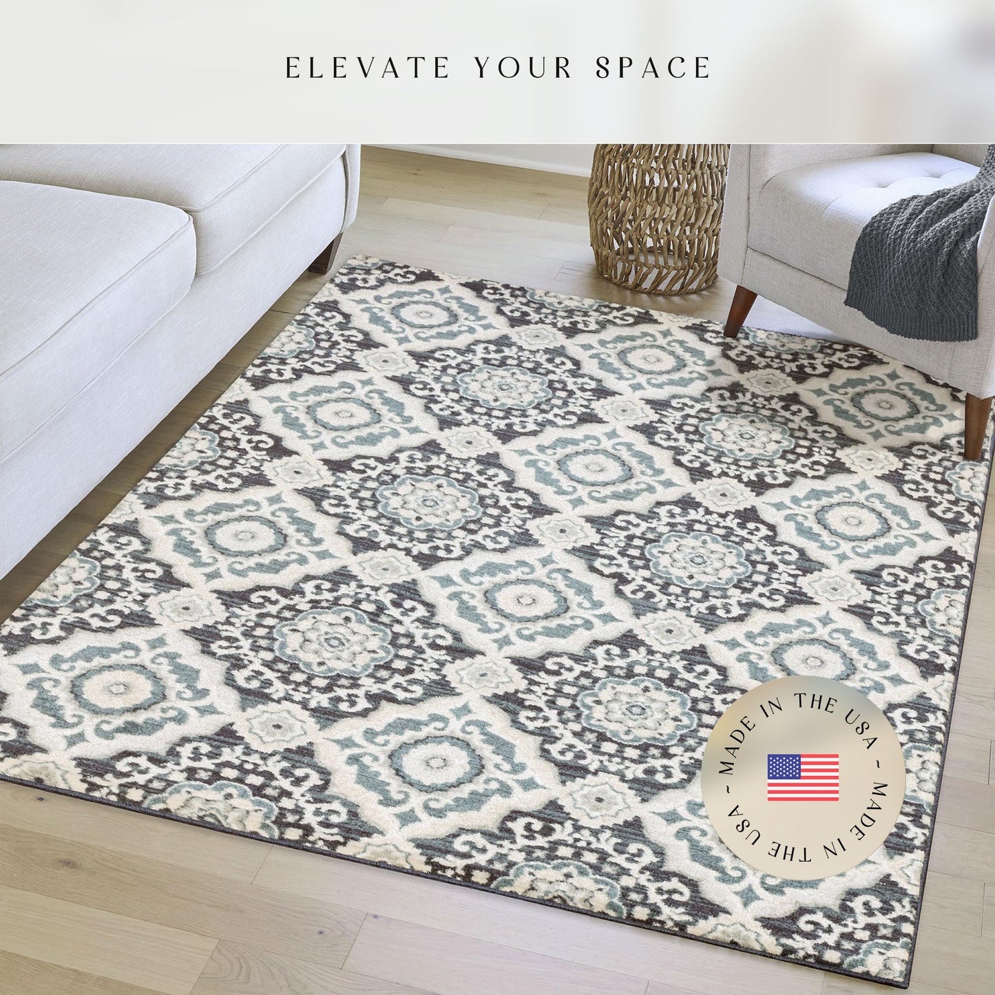 Maples Rugs Camilla Medallion Area Rug - Made in USA - Low Pile, Non Slip Pet-Friendly Mat for Bedroom, Office, Living & Dining Room, 5' x 7', Cream/Navy