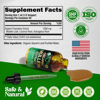 Mullein Drops for Lungs - USDA Organic Liquid - Mullein Leaf Extract Supplement - Made in USA - Lung & Bronchial Cleanse for Smokers - Respiratory Health Support - As Tincture, Tea, Pills - 2 fl oz